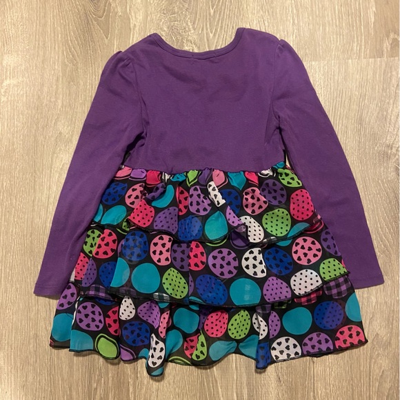 Purple long sleeved chiffon ruffle dress with pink heart print & pearl neckline - Picture 2 of 4